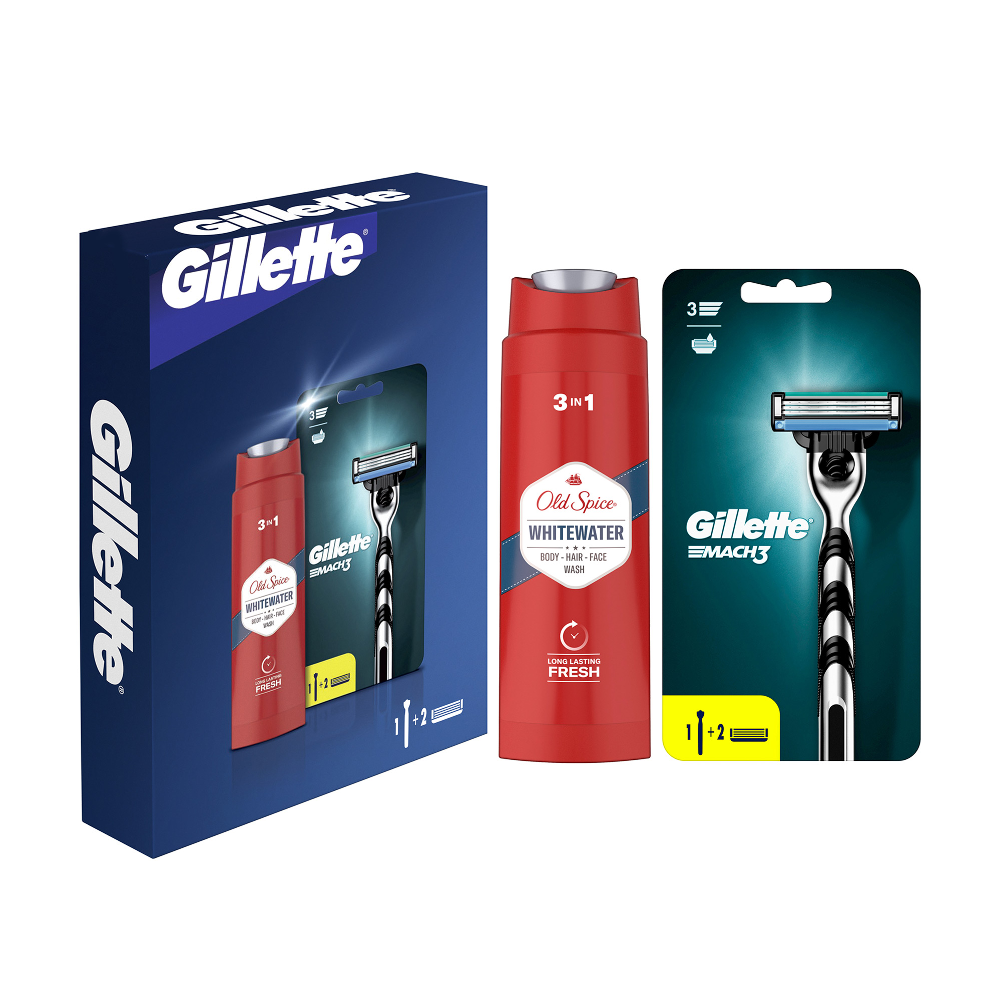 Подарунковий набір чоловічий Gillette Mach3 (станок + змінні картриджи, 2 шт + гель для душу Old Spice Whitewater, 250 мл)